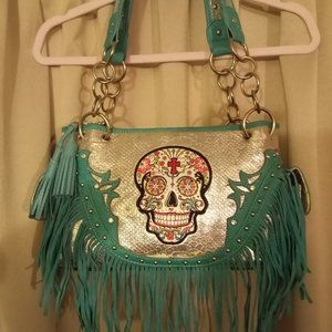 Teal Candy Skull tassel purse
